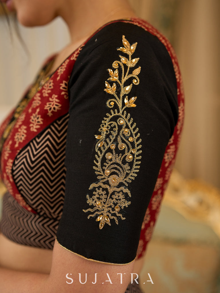 Handcrafted maroon & black Ajrakh print lehenga paired with an embroidered blouse for rich artisanal look - Dupatta Optional