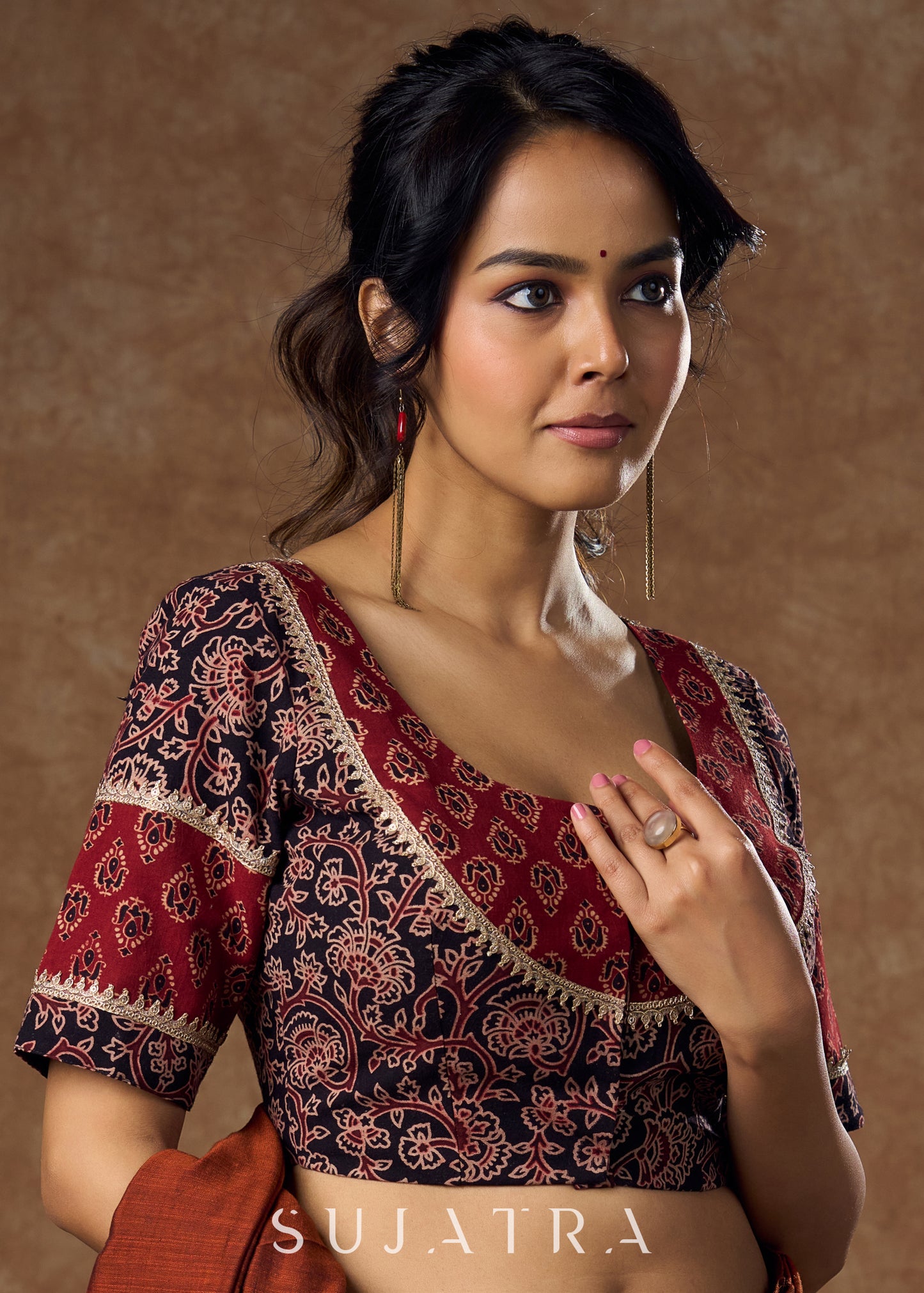 Graceful black & Maroon floral ajrakh blouse with golden lace work