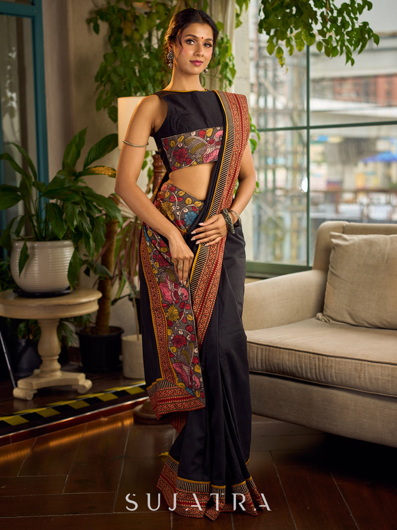 Elegant Black Cotton Saree with Ajrakh Print & Kalamkari Painted Border
