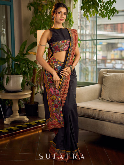 Elegant Black Cotton Saree with Ajrakh Print & Kalamkari Painted Border