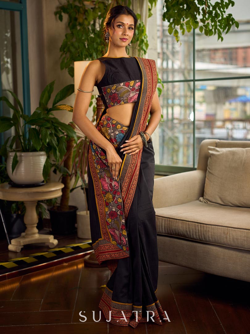 Elegant Black Cotton Saree with Ajrakh Print & Kalamkari Painted Border