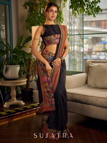 Elegant Black Cotton Saree with Ajrakh Print & Kalamkari Painted Border