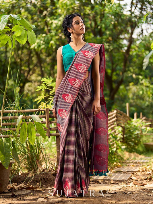 Contemporary Teal and Pink Striped Cotton Saree with Dual-Tone Effect and Hand Block Print Motifs