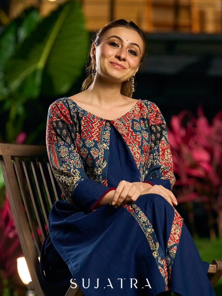 Handcrafted Navy Blue Cotton Kantha Embroidered Kurta