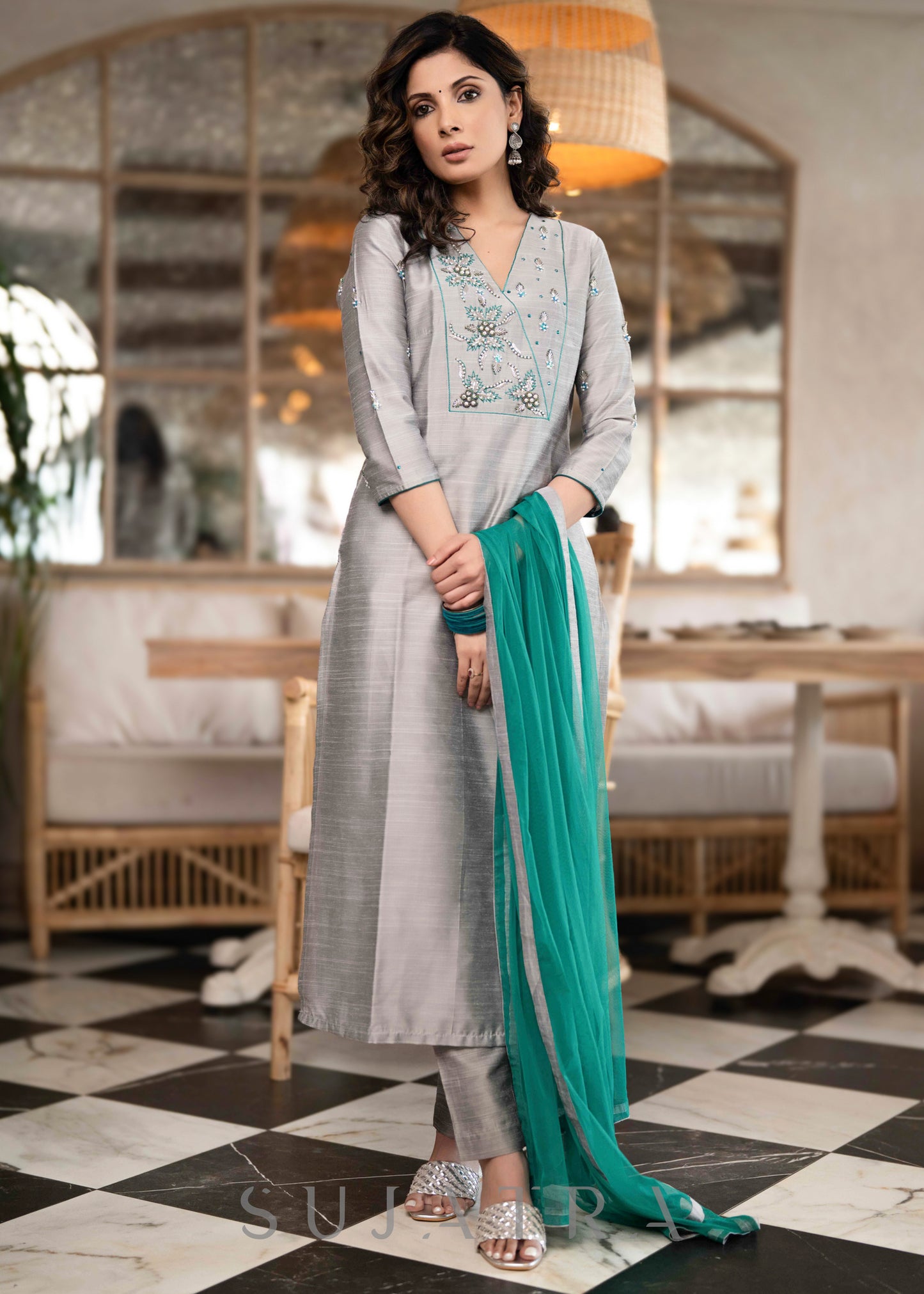 Elegant Grey Cotton Silk Kurta With Turquoise Embroidery On Yoke