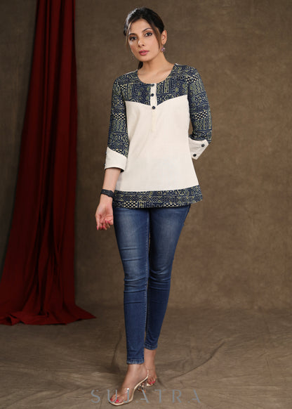 Off White Cotton Ajrakh Combination Top