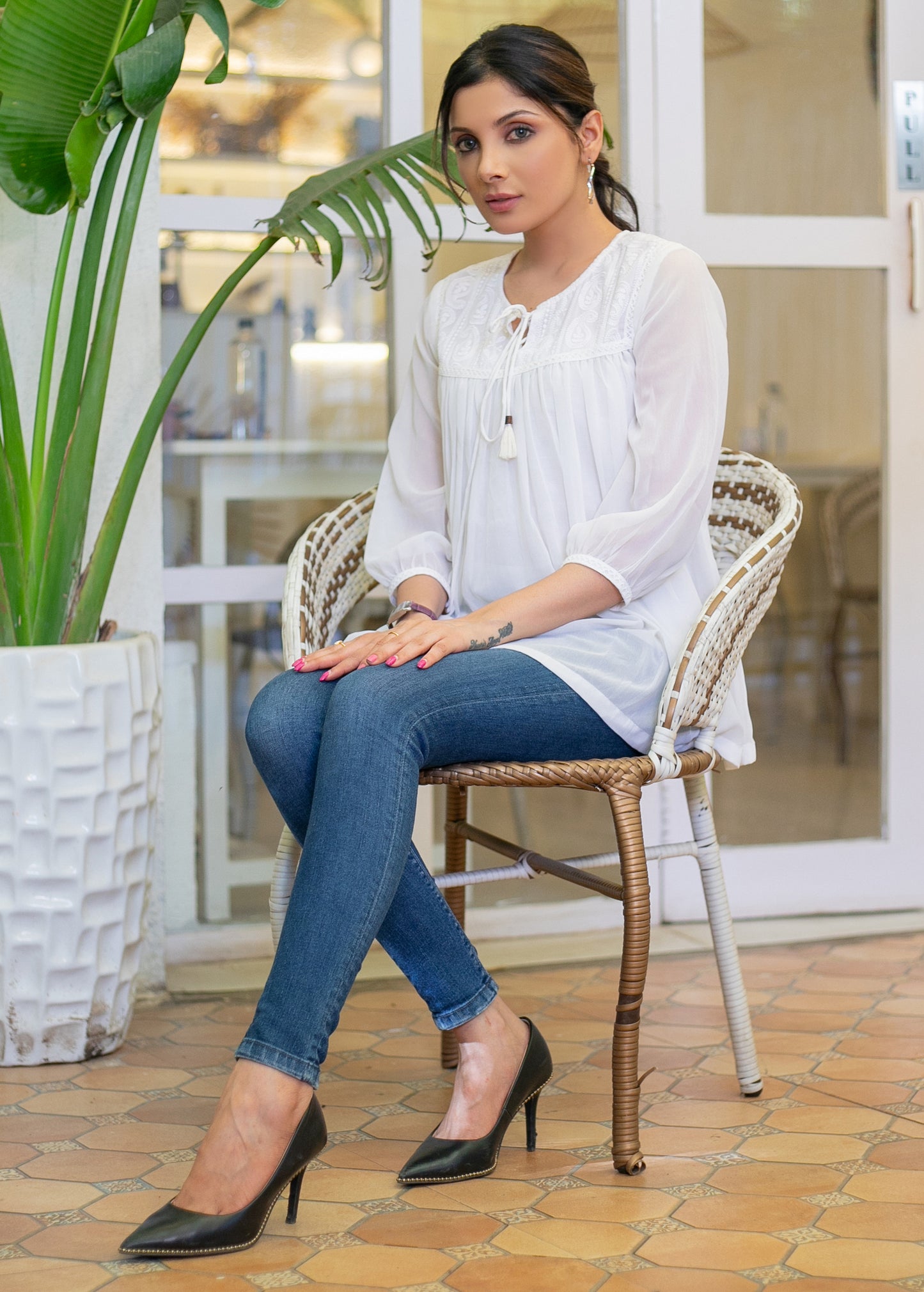 Smart Georgette Top with Lace Yoke, Sleeves & Inner