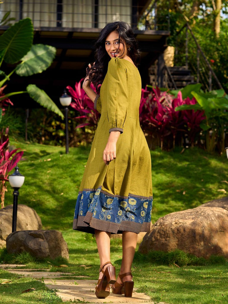 Olive Green Dress with Contrast Ajrakh Handblock Print Border and Puff Sleeves