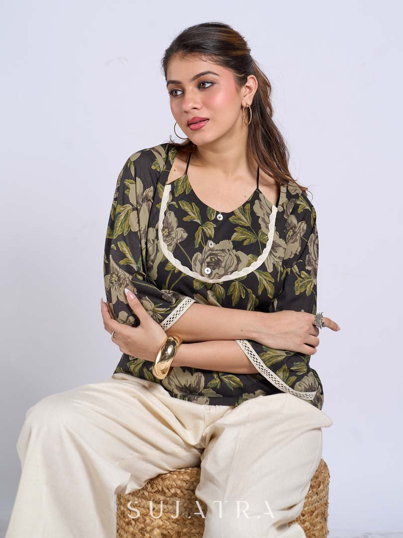 Chic Black Floral Print Cotton Bell Sleeve Top with Tie-Up Neckline & Crochet Lace Trim