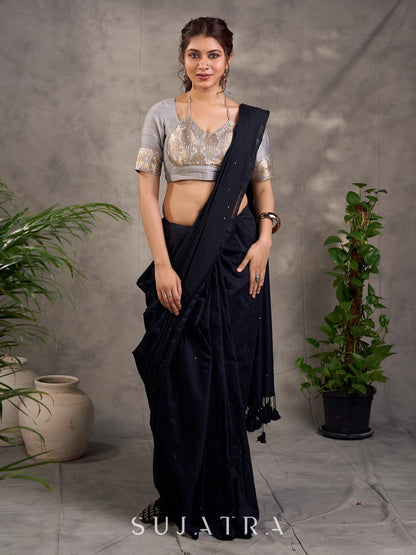 Bold Black Cotton Saree with All Over Embellishment