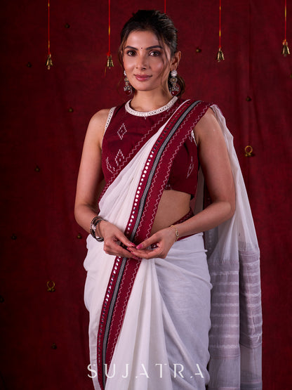 Maroon Luxe Jamdani Cotton Blouse with Halter Neck, Sleeveless Style & Mirror Lace Accents