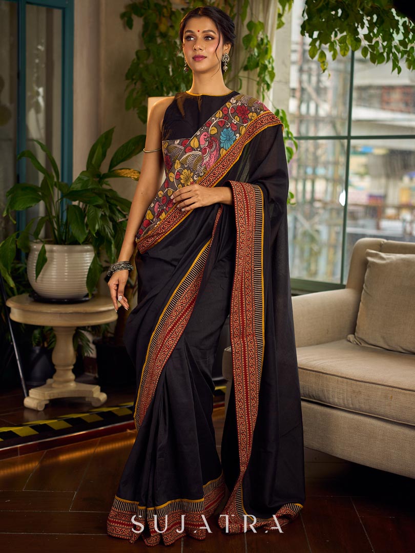 Elegant Black Cotton Saree with Ajrakh Print & Kalamkari Painted Border