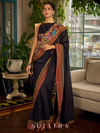 Elegant Black Cotton Saree with Ajrakh Print & Kalamkari Painted Border