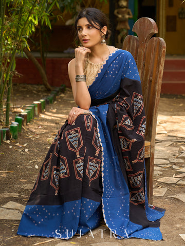 Blue Cotton Saree with Timeless Ajrakh and Bandhani Patterns