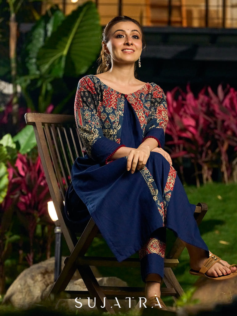 Handcrafted Navy Blue Cotton Kantha Embroidered Kurta