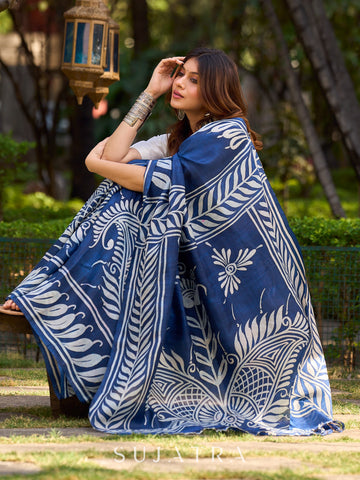 Artisan Blue Pure Silk Saree featuring Bold Hand Batik Work