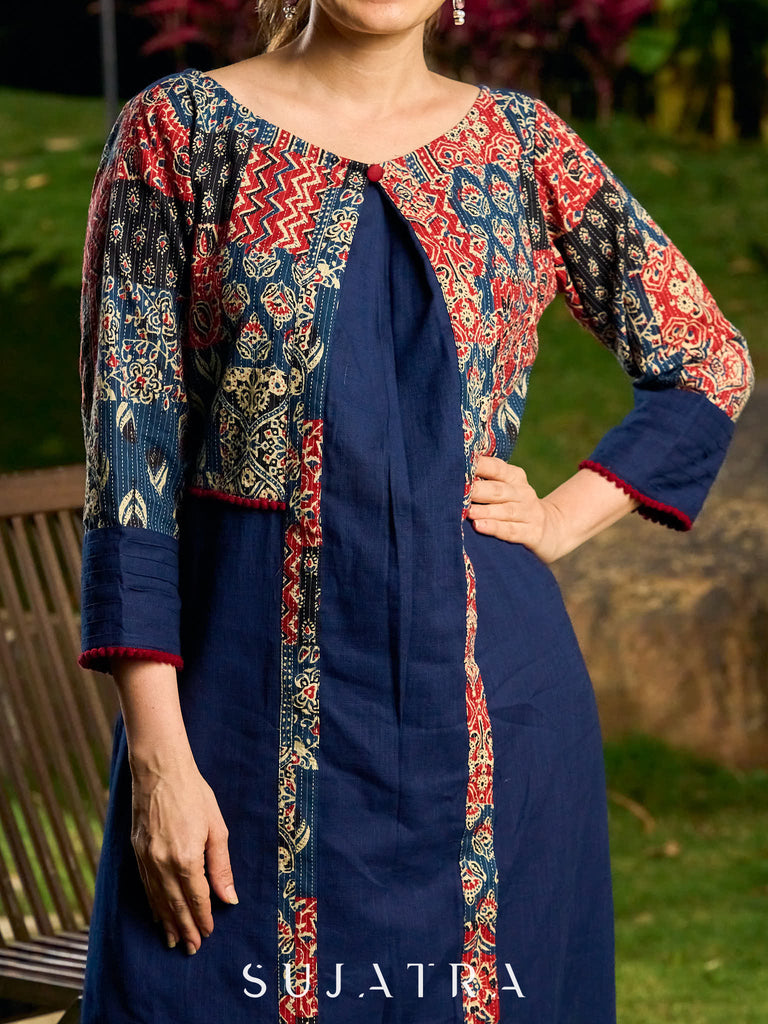 Handcrafted Navy Blue Cotton Kantha Embroidered Kurta