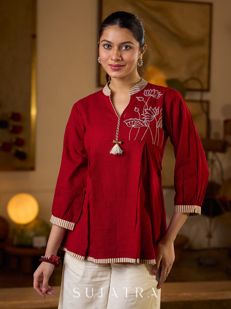 Maroon Cotton Pleated Top Featuring Ajrakh Striped Collar And Hem Accented With Pichwai Hand Painting