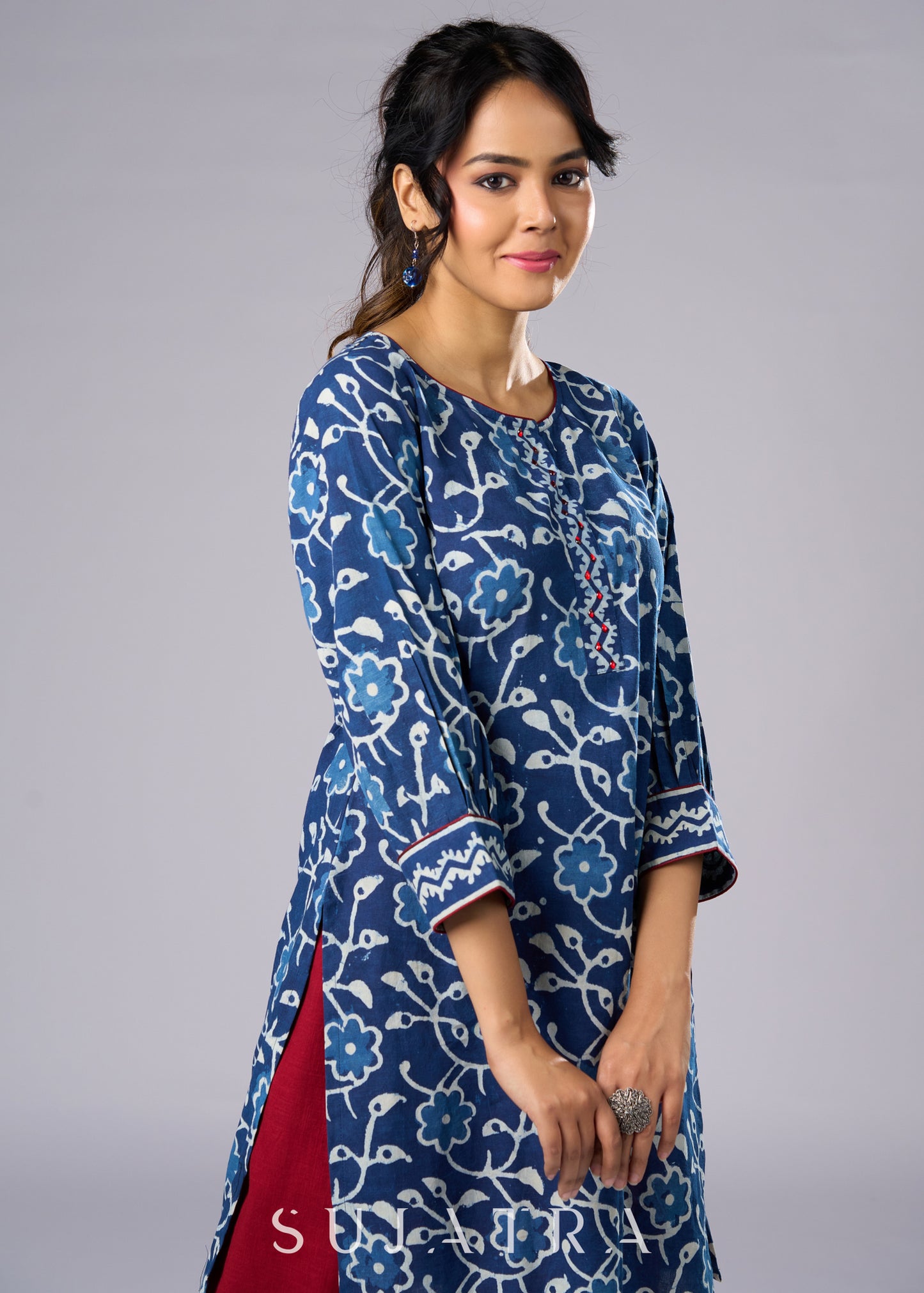 Stylish Indigo Cotton Tunic with A Flattering Silhouette -  Pant Additional