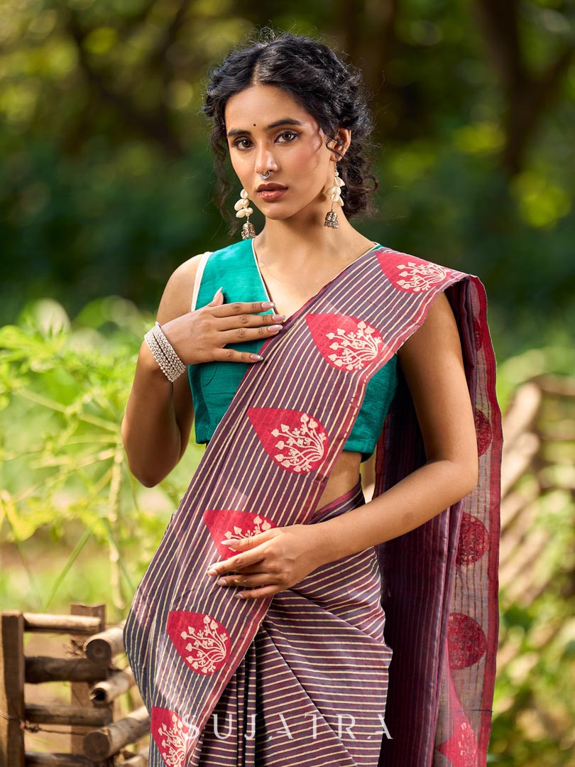 Contemporary Teal and Pink Striped Cotton Saree with Dual-Tone Effect and Hand Block Print Motifs