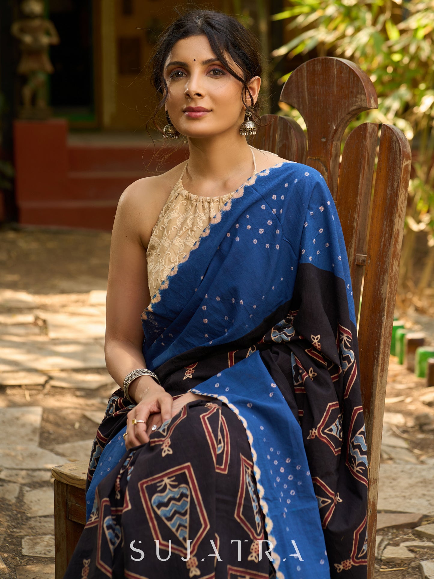 Blue Cotton Saree with Timeless Ajrakh and Bandhani Patterns