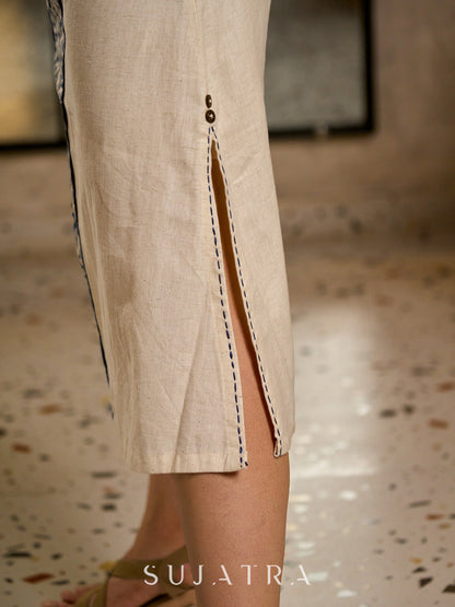 Elegant Ivory A-Line Cotton Dress with Geometric Hand Block Printed Panels & Side Slit Highlighted with Kantha