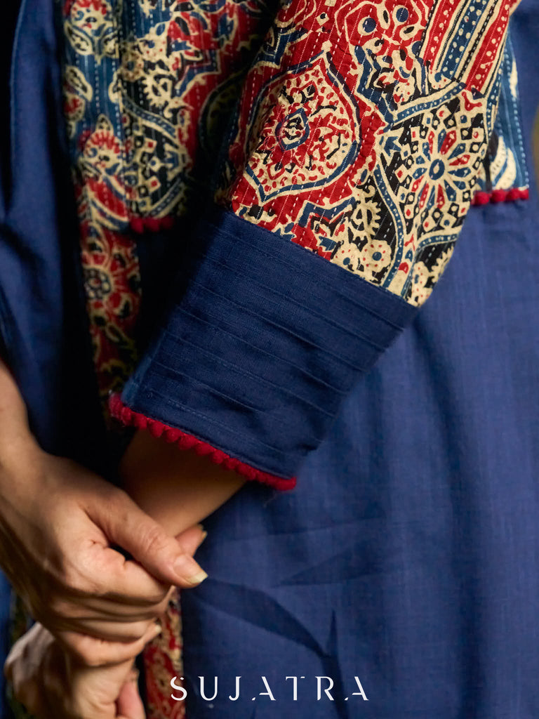 Handcrafted Navy Blue Cotton Kantha Embroidered Kurta