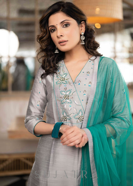 Elegant Grey Cotton Silk Pant & Kurta With Turquoise Embroidery On Yoke & Sleeves - Dupatta Optional