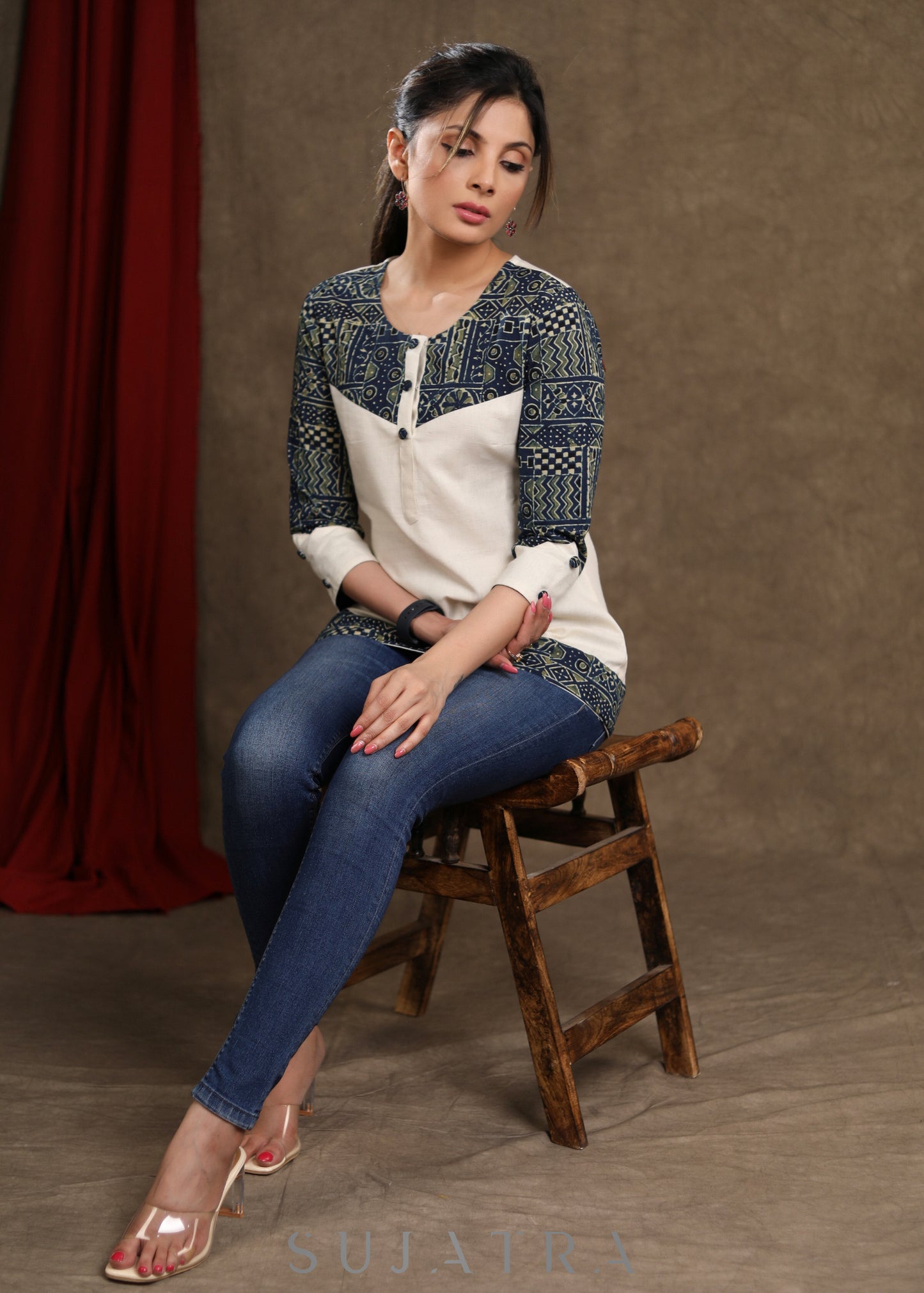 Off White Cotton Ajrakh Combination Top