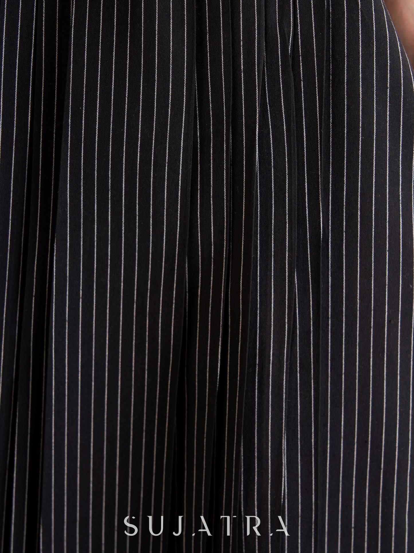 Sophisticated Black Striped Ikat Kurta with Graceful Pleat Detailing