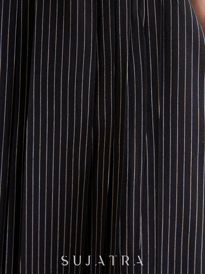 Sophisticated Black Striped Ikat Kurta with Graceful Pleat Detailing