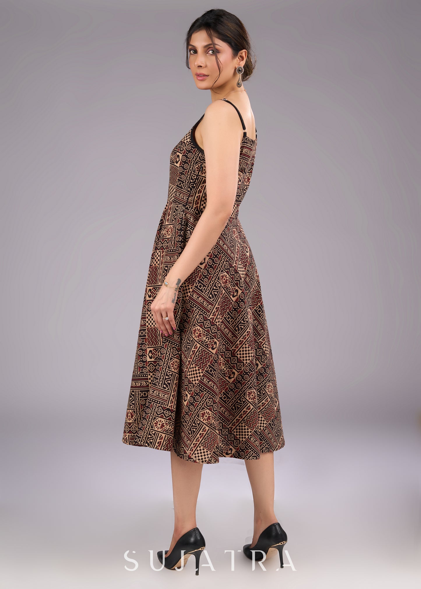 Ajrakh Allure Black Strappy Cotton Flared Dress - Black Cotton jacket Optional