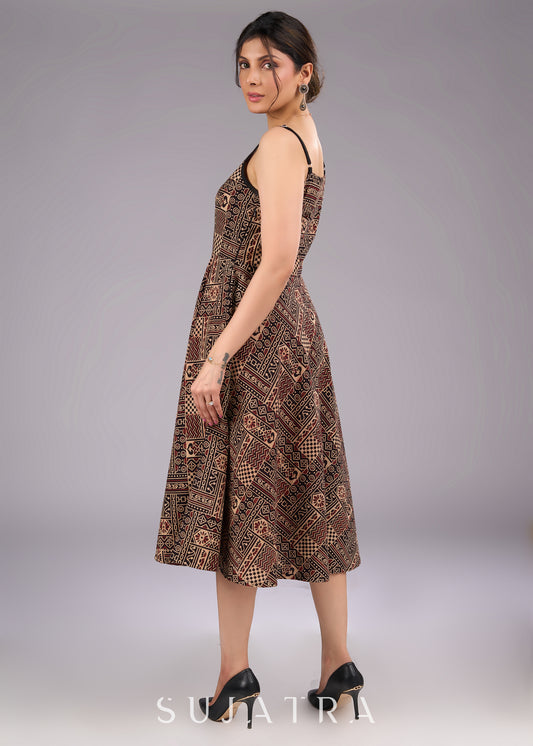 Ajrakh Allure Black Strappy Cotton Flared Dress - Black Cotton jacket Optional