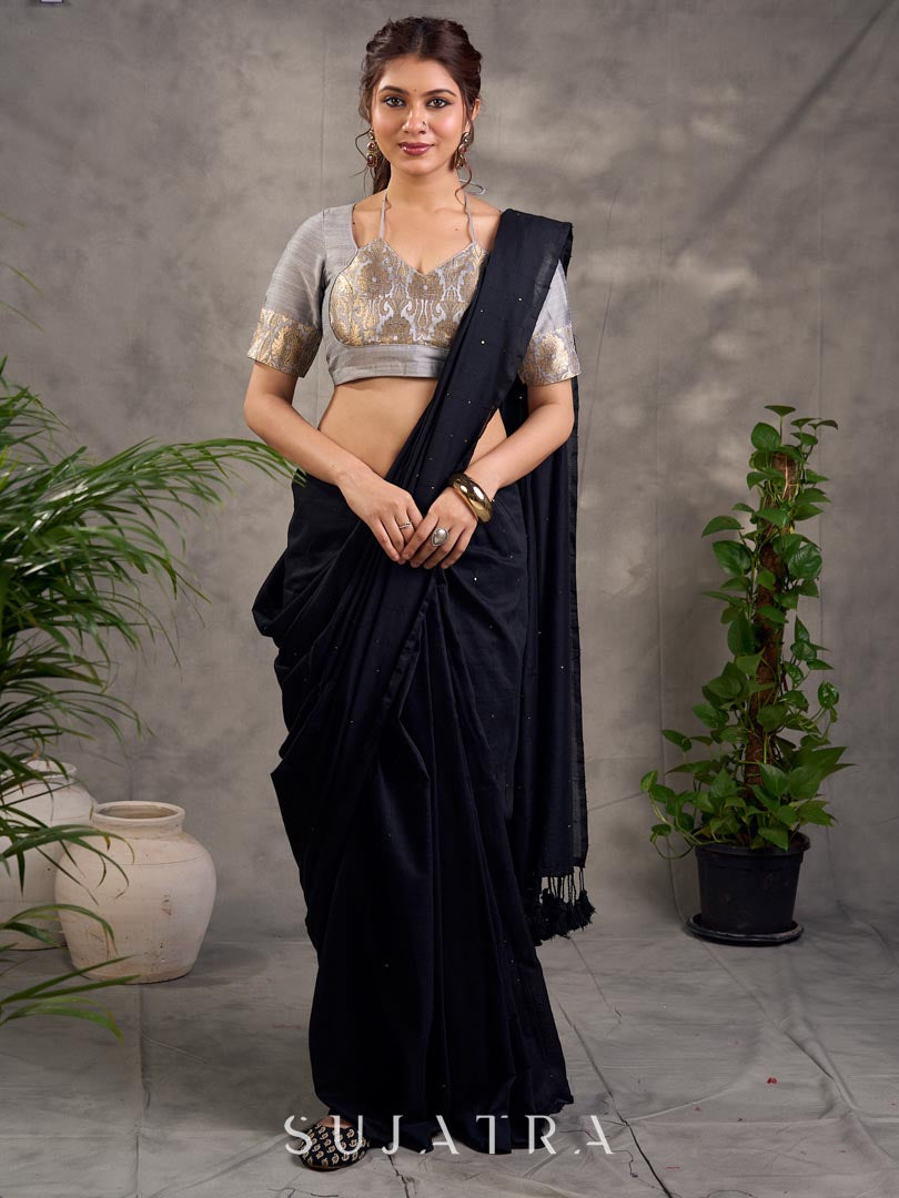 Bold Black Cotton Saree with All Over Embellishment