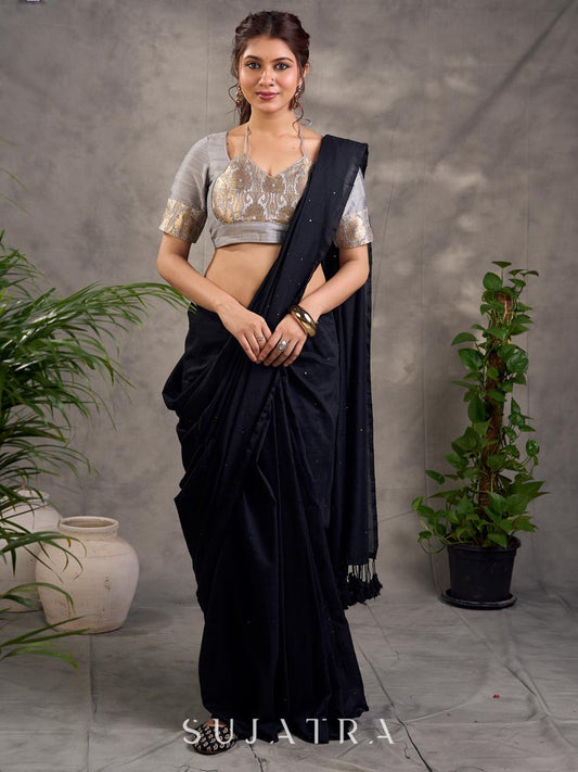 Bold Black Cotton Saree with All Over Embellishment