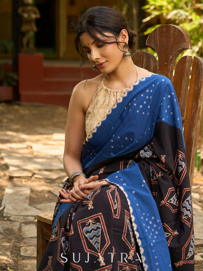 Blue Cotton Saree with Timeless Ajrakh and Bandhani Patterns