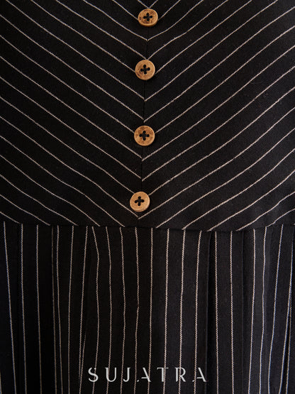 Sophisticated Black Striped Ikat Kurta with Graceful Pleat Detailing