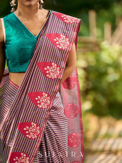Contemporary Teal and Pink Striped Cotton Saree with Dual-Tone Effect and Hand Block Print Motifs