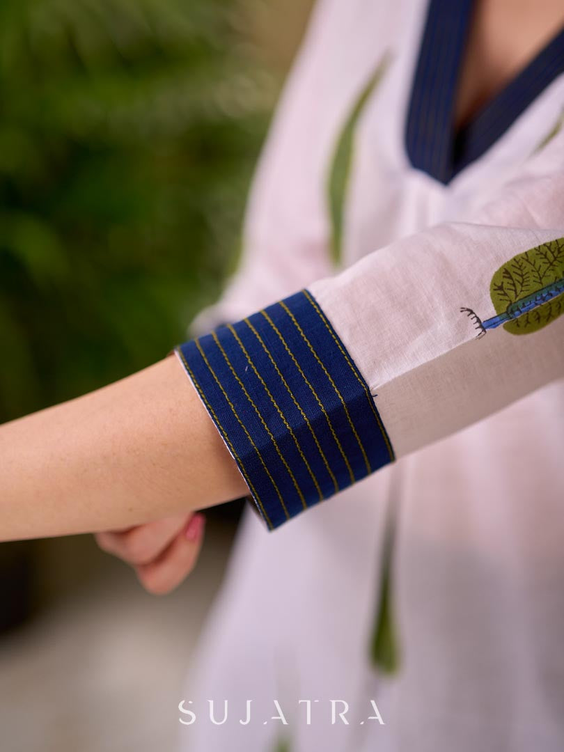Fresh White Hand Block Print Mul Cotton Kurta with Green Leaf Buti and Navy Striped Cuff