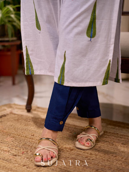 Fresh White Hand Block Print Mul Cotton Kurta with Green Leaf Buti and Navy Striped Cuff