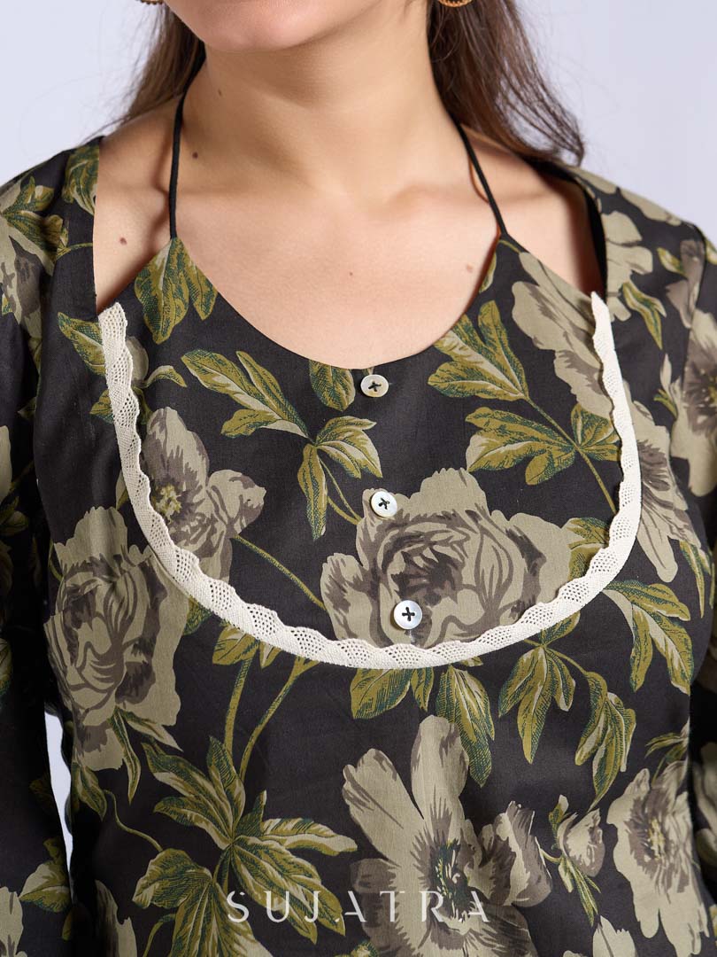 Chic Black Floral Print Cotton Bell Sleeve Top with Tie-Up Neckline & Crochet Lace Trim
