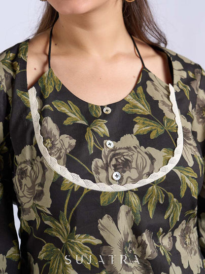 Chic Black Floral Print Cotton Bell Sleeve Top with Tie-Up Neckline & Crochet Lace Trim