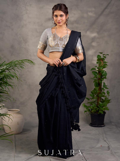 Grey Cotton Silk Blouse with Benarasi Brocade Panel and Sleeves