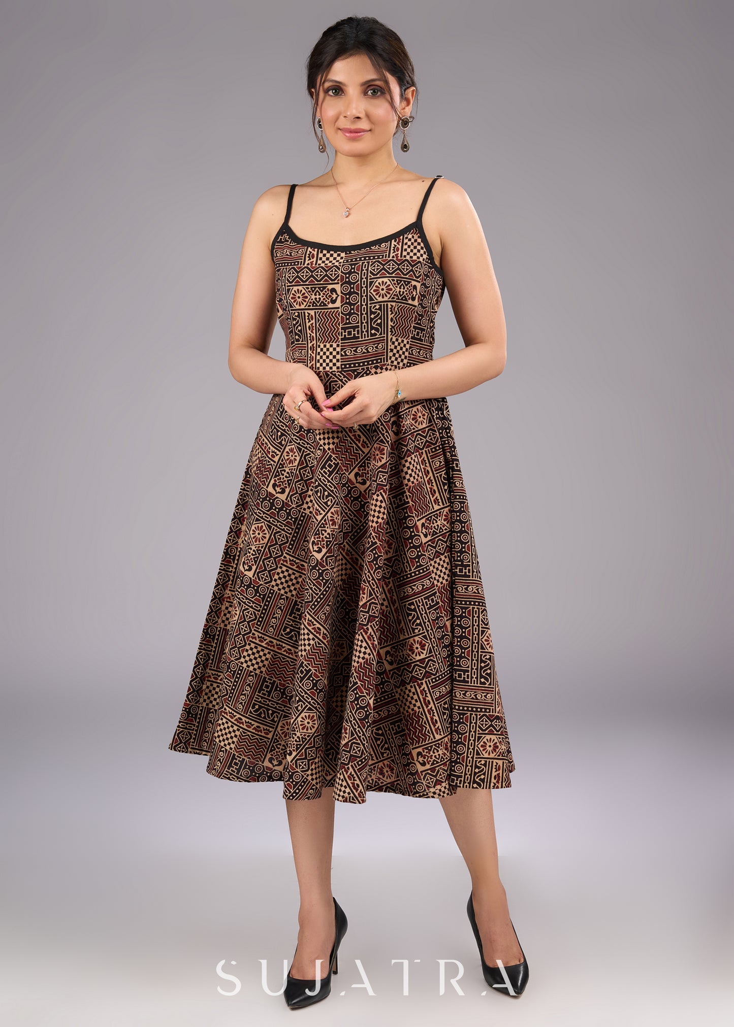 Ajrakh Allure Black Strappy Cotton Flared Dress - Black Cotton jacket Optional