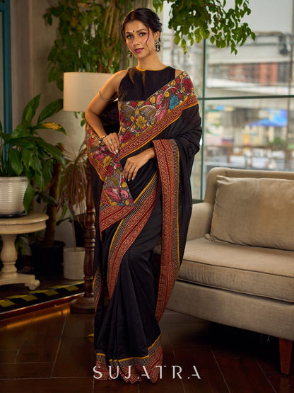 Elegant Black Cotton Saree with Ajrakh Print & Kalamkari Painted Border