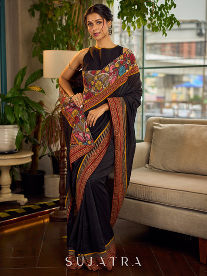 Elegant Black Cotton Saree with Ajrakh Print & Kalamkari Painted Border
