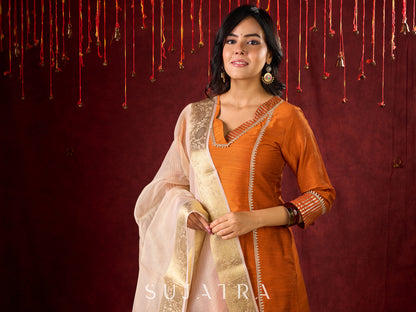 Deep Rust Cotton-Silk Panel Kurta with Subtle Brocade Accents
