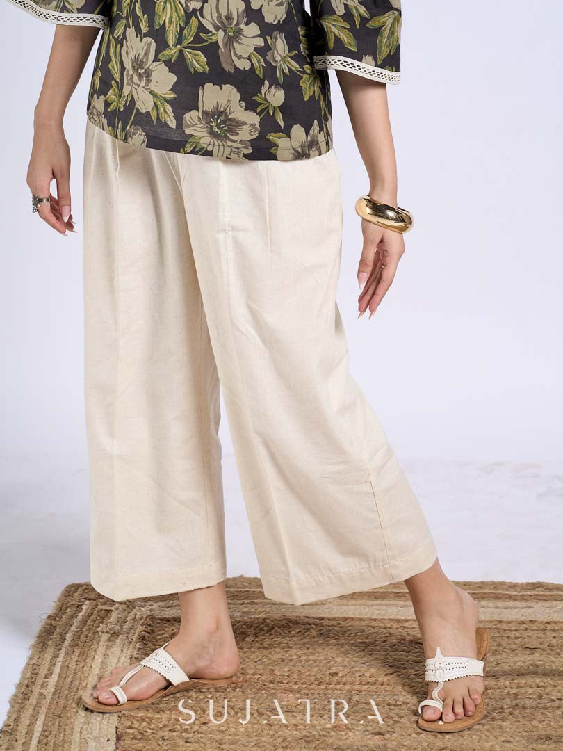 Off White Cotton Flex Classic Pleated Pants