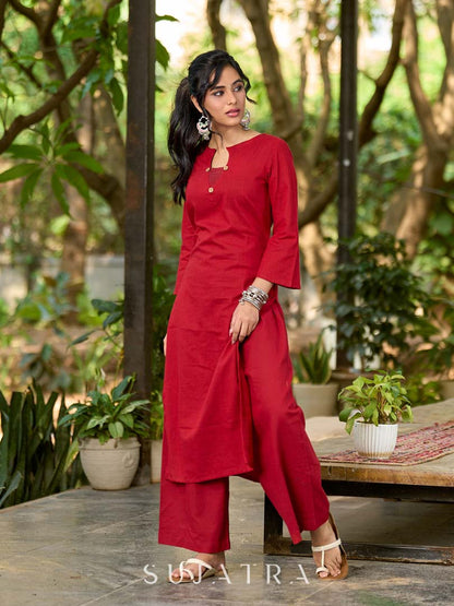 Refined Maroon Cotton Kurta with Asymmetric Pleated Neckline