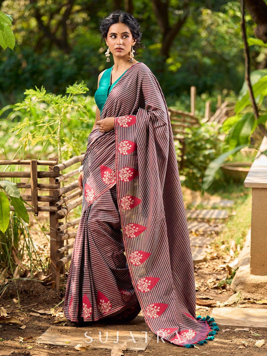 Contemporary Teal and Pink Striped Cotton Saree with Dual-Tone Effect and Hand Block Print Motifs